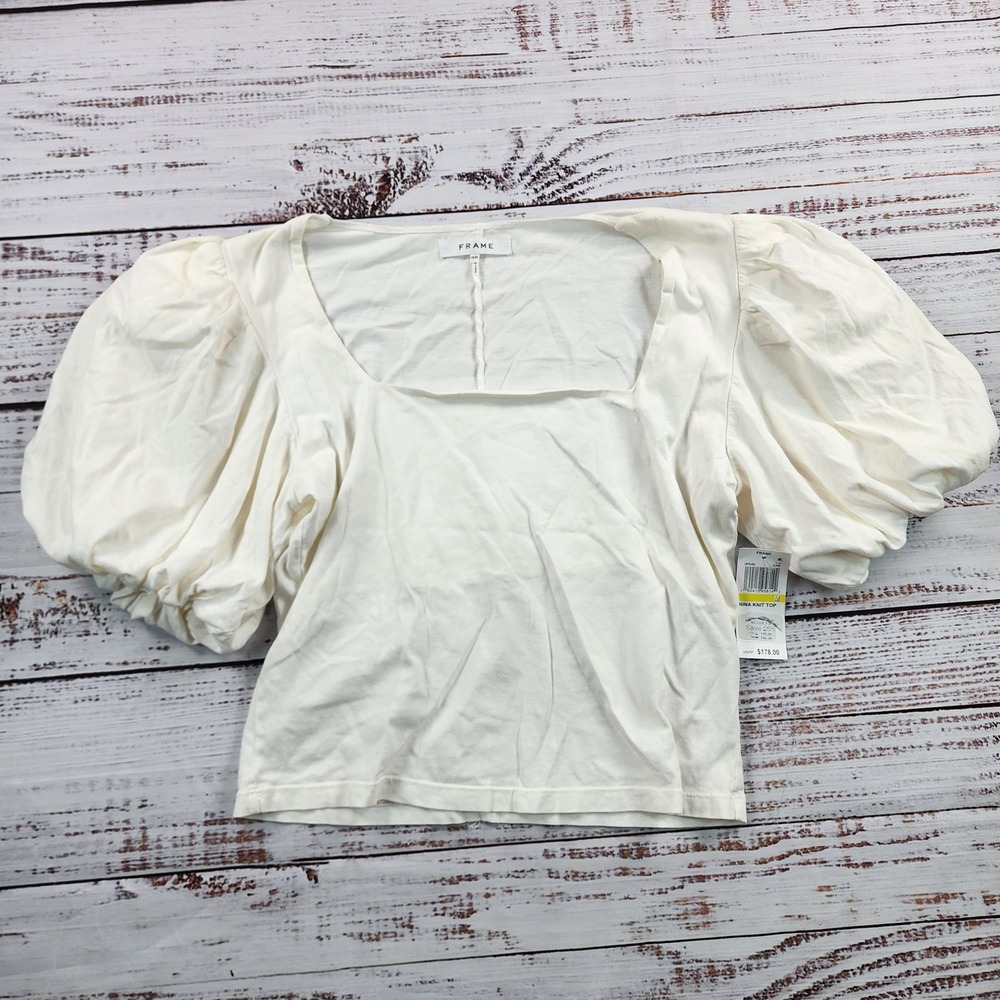 FRAME Nina Knit Top Womens Medium Blanc White Square Neck Puff Sleeve Cotton NWT